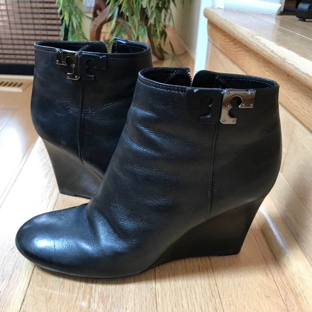 Tory Burch Black Leather Wedge Ankle Boots with Logo Accent
